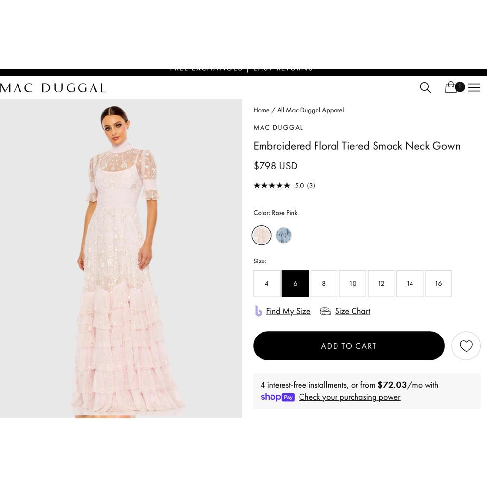 NEW MAC DUGGAL [ 6‎ ] 8005 Embroidered Floral Tiered Smock Neck Gown Rose Pink - Picture 3 of 16